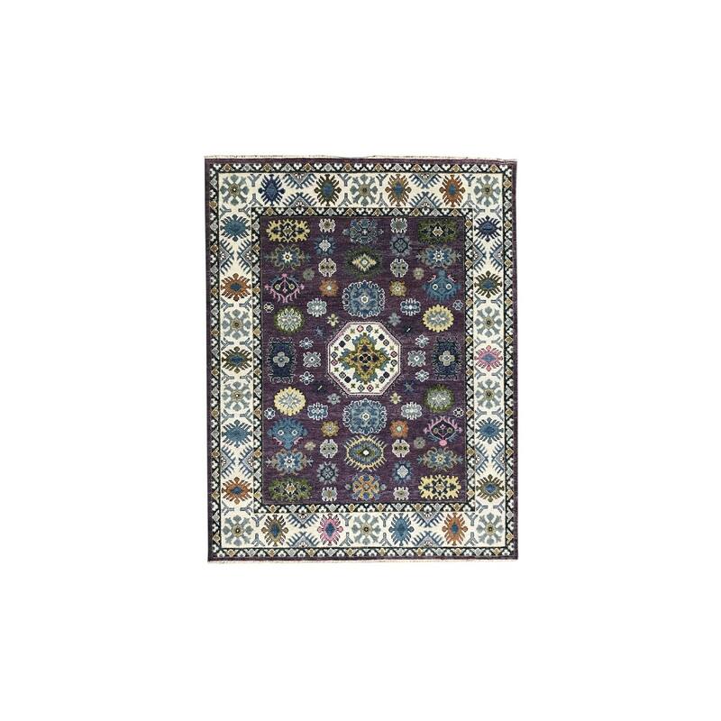 Purple Ivory Hand Knotted Wool Traditional Rug 8' x 10' - Ornamental Medallion 0.5" Pile Design - N/A