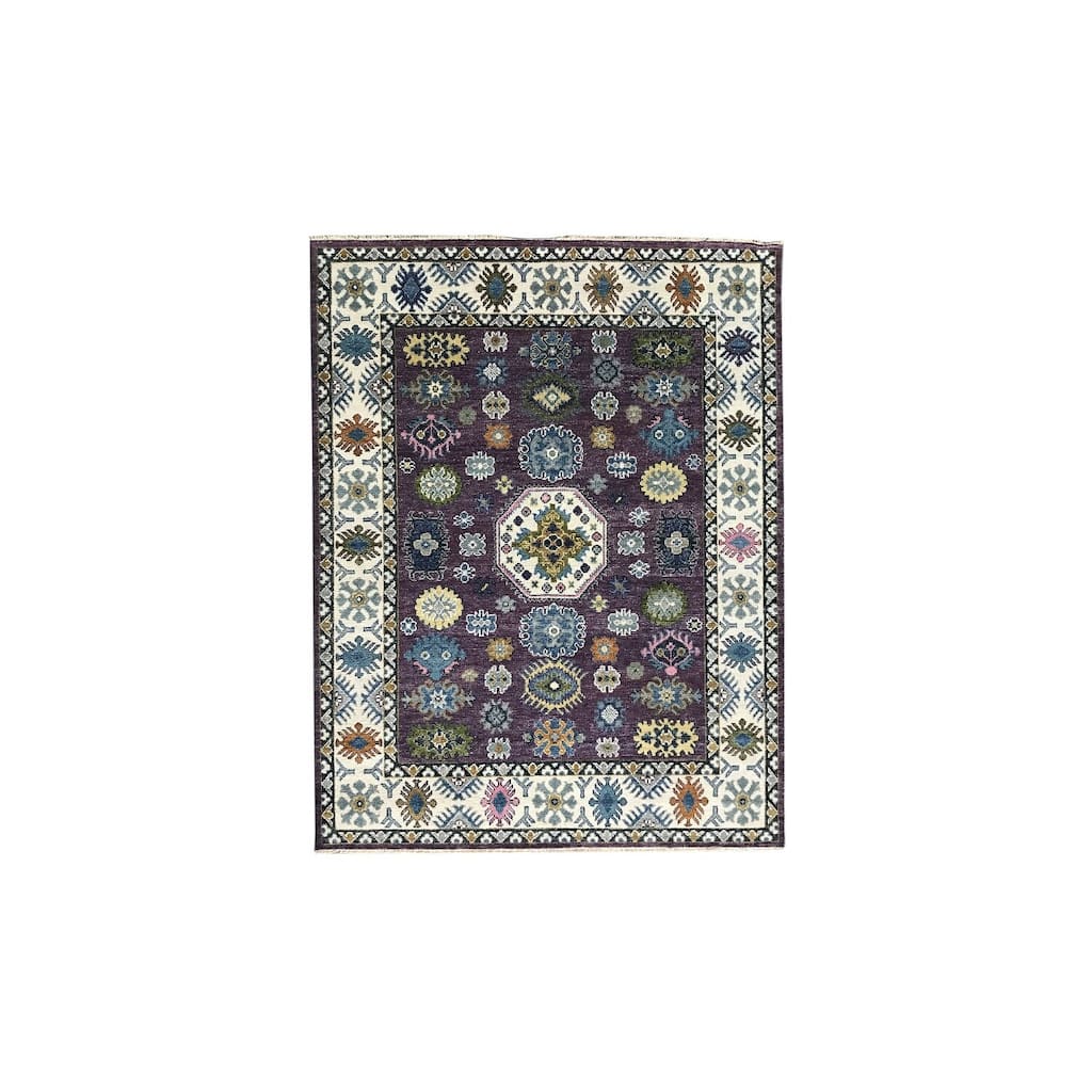 Purple Ivory Hand Knotted Wool Traditional Rug 8' x 10' - Ornamental Medallion 0.5" Pile Design - N/A