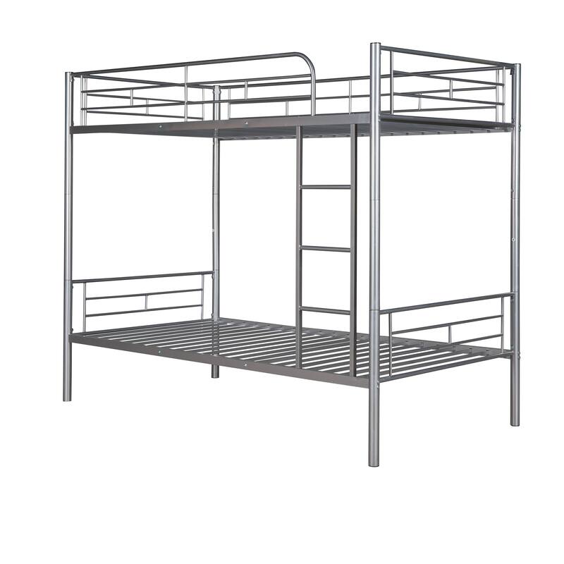 Silver Twin Over Twin Metal Bunk Bed with Safety Guardrails & Space-Saving Design