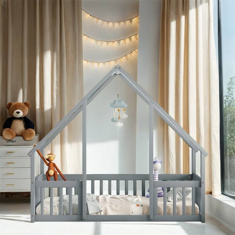 Twin Size Wood House Floor Bed with Fence and Guardrails