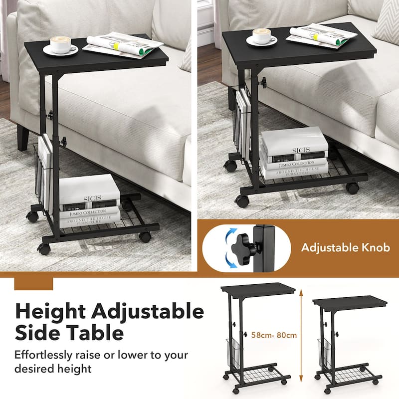 Gymax Set of 2 C-shaped Sofa Side Table Height Adjustable Compact End