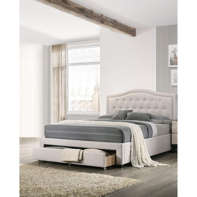 Transitional Style 1pc Bed Set Upholstered Bed Underbed Drawer Light Brown Finish