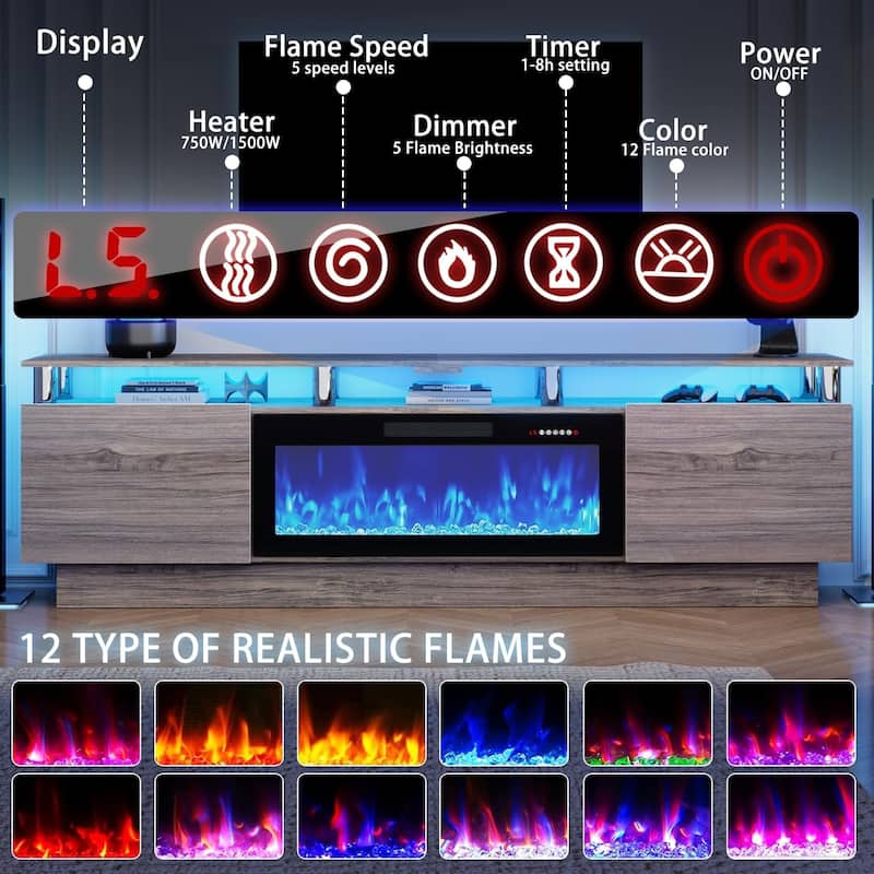 BOSSIN Modern 80" TV Stand with 36" Fireplace & LED Lights for TVs Up to 90", White with Golden Pillars, Storage Cabinets