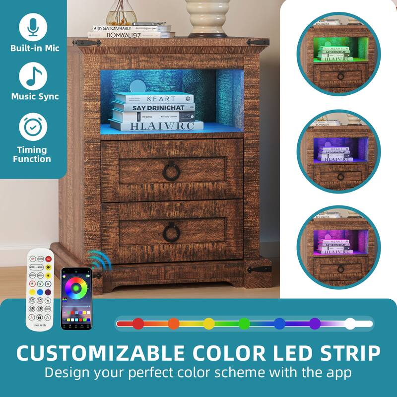 Moasis Rustic Farmhouse End Side Table with Drawers and Power Outlets for Living Room