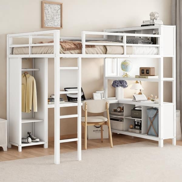 slide 2 of 10, Full Size Metal Loft Bed with Desk, Wardrobe & Storage for Kids and Teens, White Off-White
