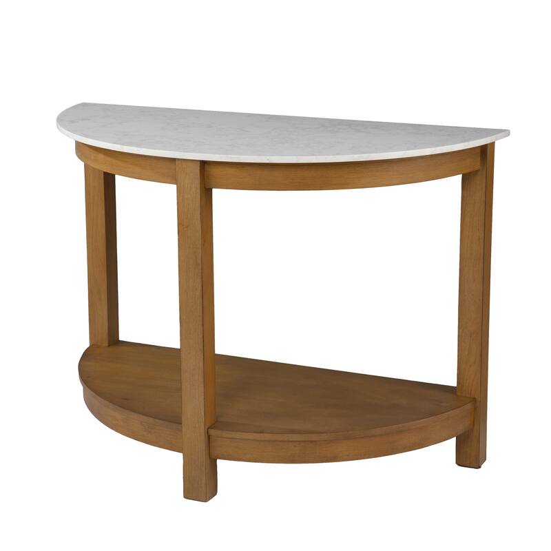 White Faux Marble Half Circle Console Table with Shelf and Wood Base - 41.75” L x 20” W x 30.25” H - White-Natural