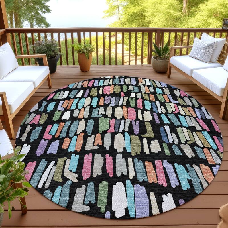 Machine Washable Indoor/ Outdoor Modern Mosaic Chantille Rug - Black - 8' x 8'