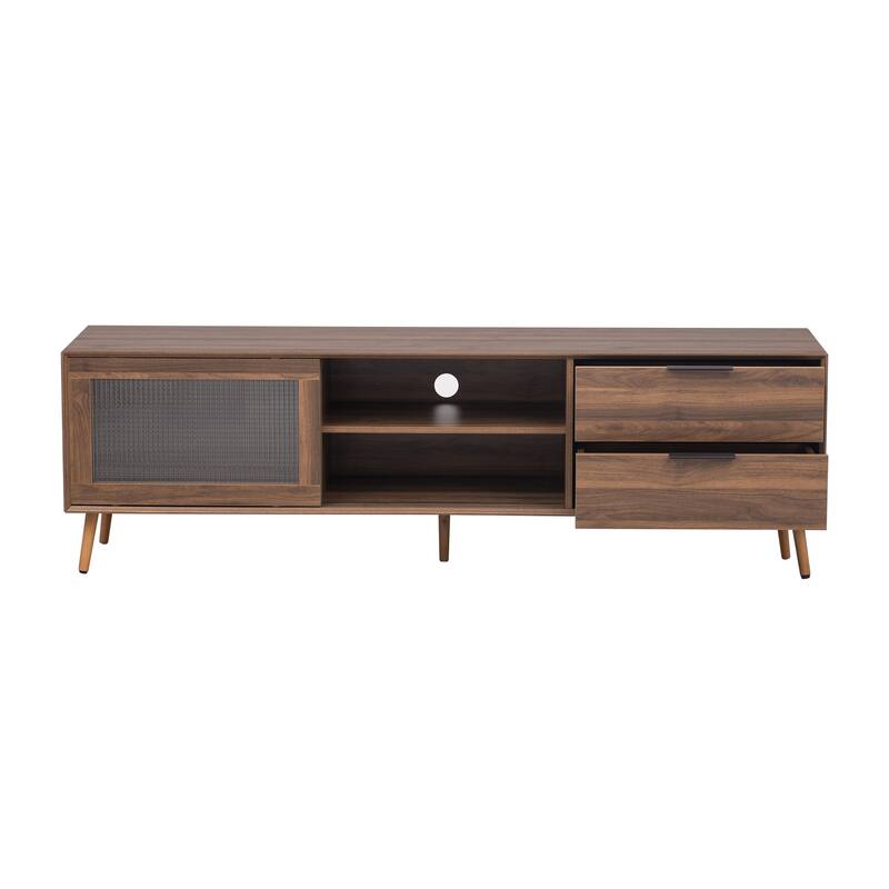 Modern TV Stand Media Console, for 75"+ TVs with 2 Glass Doors, 2 Drawers and Storage Cabinet, for Living Room, Bedroom