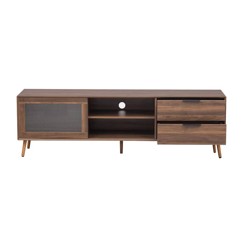 TV Stand with 2 Glass Doors, Entertainment Center with 2 Drawers and Open Shelves, Media Console Table with Solid Wood Legs