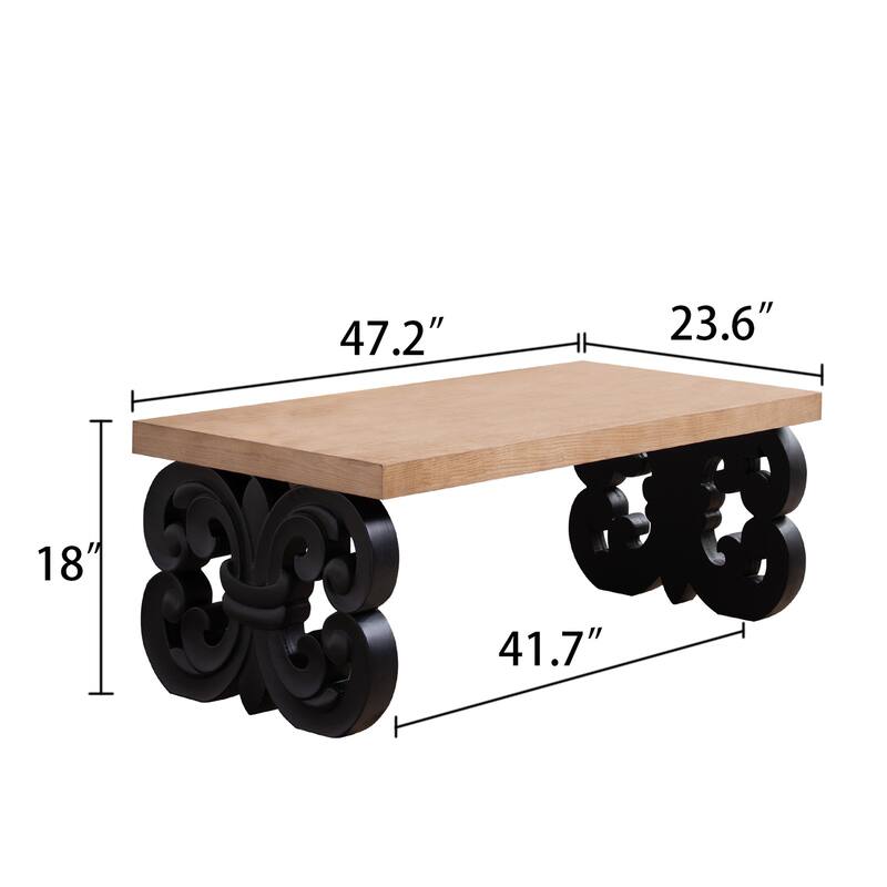 Ornate Rectangular Coffee Table with Carved Base and Natural Wood Top