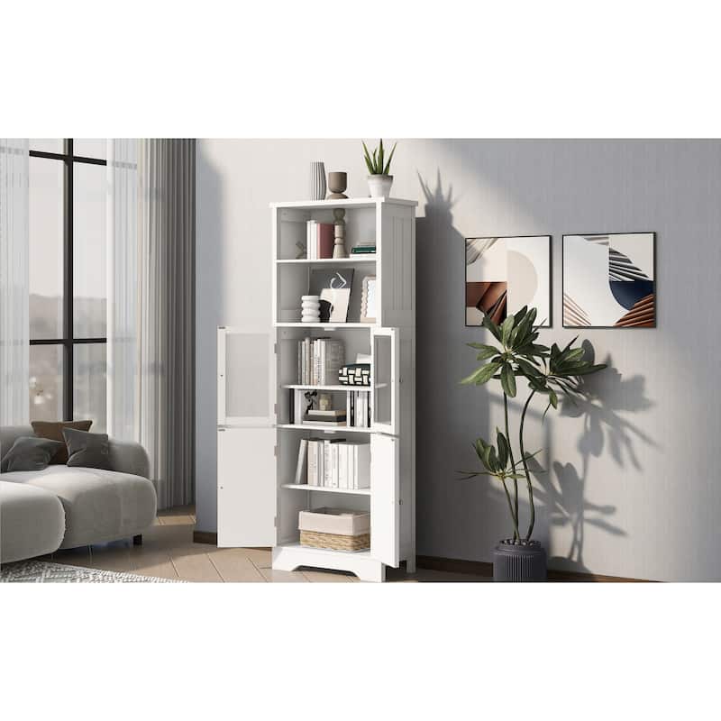 4-Door Bathroom Storage Cabinet 64" High Bathroom Floor-to-ceiling Cabinet Towel Cabinet with Open Storage Rack Glass Door