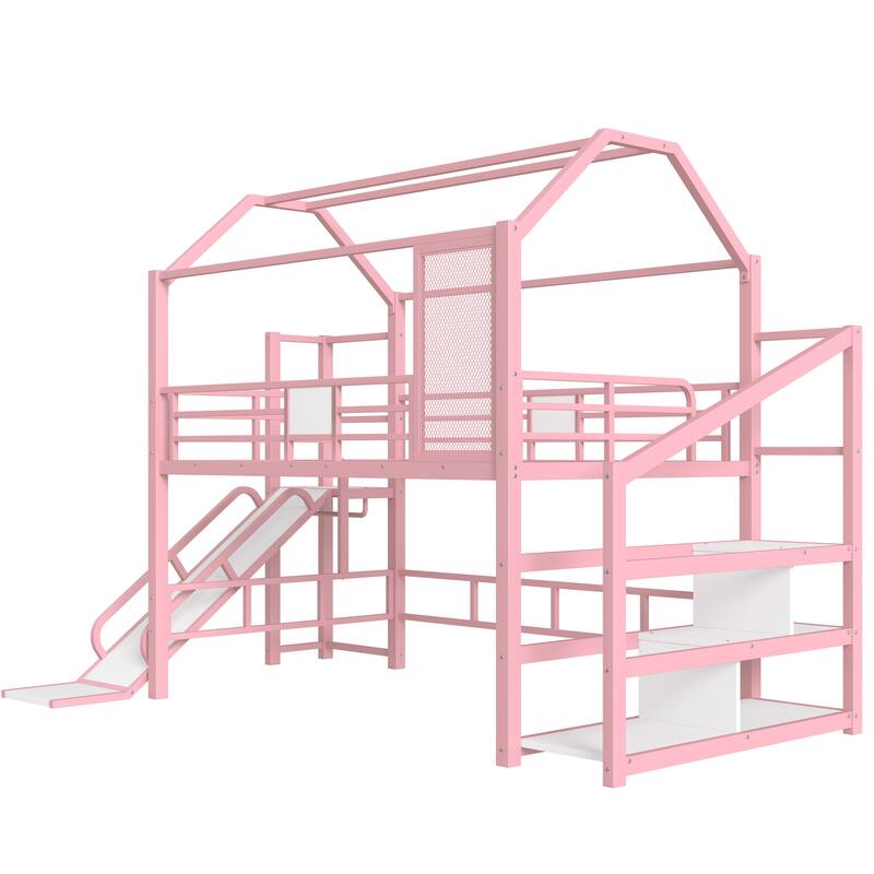 Full House Loft bed with Slide and Stairs, Metal Playhouse Bed with Storage Shelves, House-shaped Roof and Noise-free Design