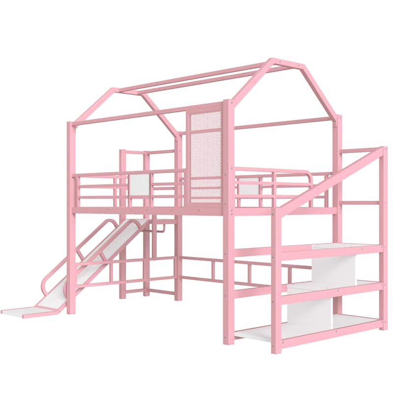 Full/Twin House Loft Bed with Slide, Stairs and Storage Shelves, Metal Playhouse Bed