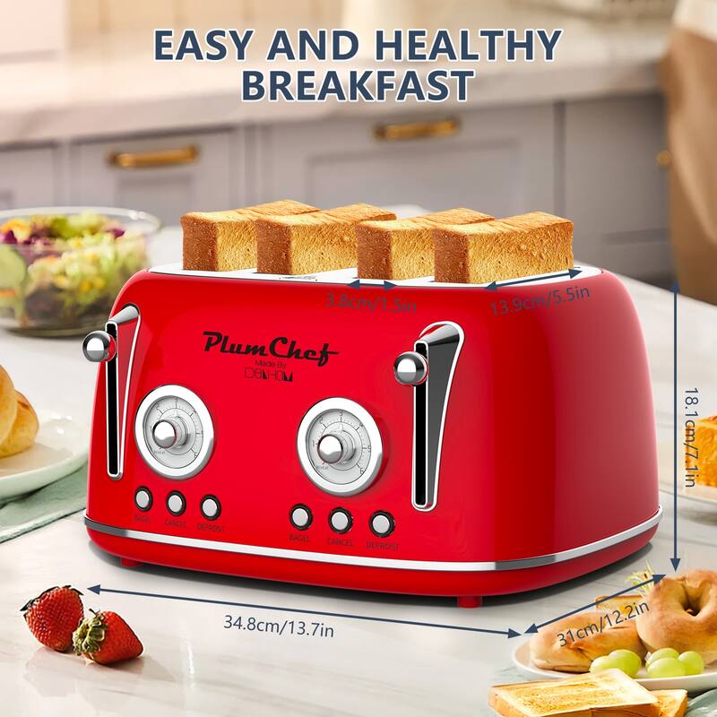 4 Slice Retro Style Toaster with Dual Control, Stainless Steel Toaster 1650W, 6 Browning Levels, Bagel Defrost