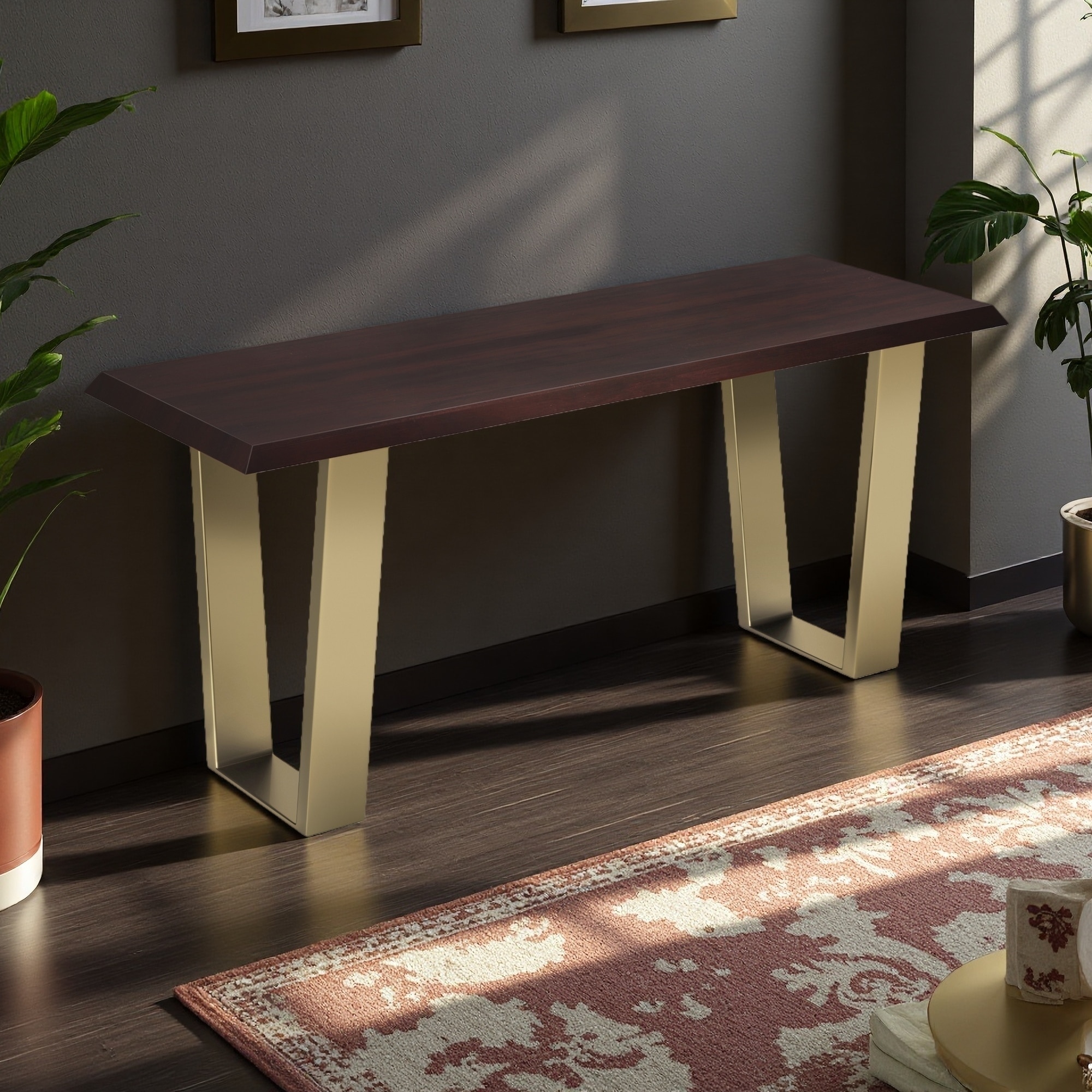 42"L Acacia Hardwood & Metal Bench - Thick Sturdy Seat, U-Shaped Gold Powder-Coated Metal Legs, Contemporary Design