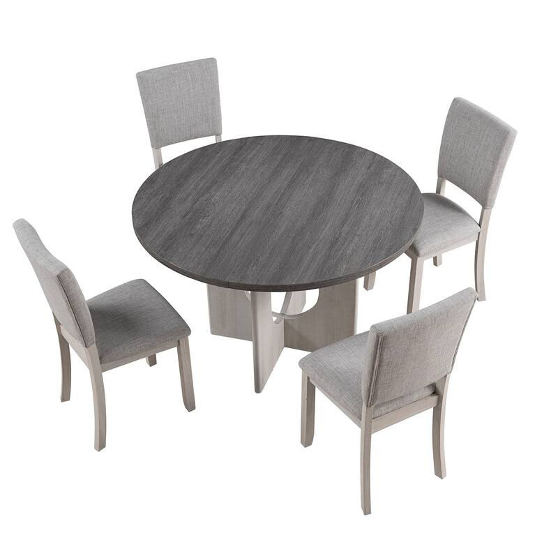 5pc Dining Set Kitchen Dinette Upholstered Fabric Chairs Round Table Pedestal Base Table 4x Side Chairs Dining Room