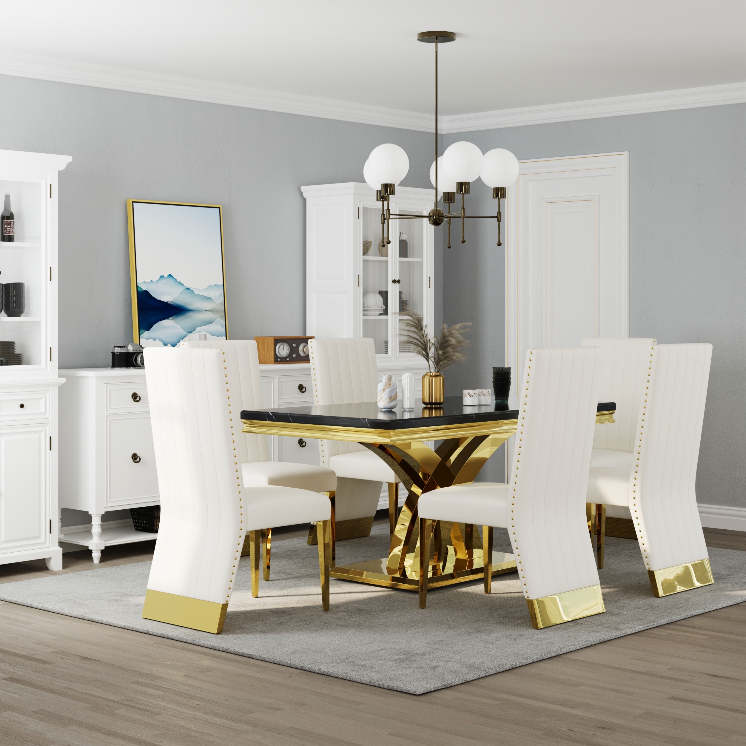 Stylish Modern X Cross Base Dining Room Table Set with Gold Dining Chairs