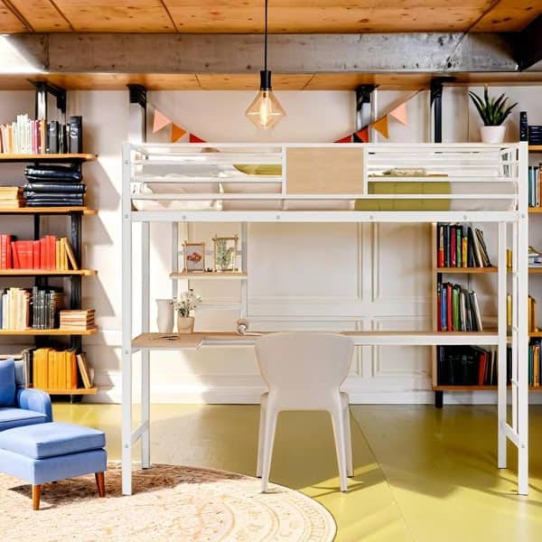 slide 2 of 30, Twin Metal Muti-Functional Loft Bed with Desk and Shelve Black
