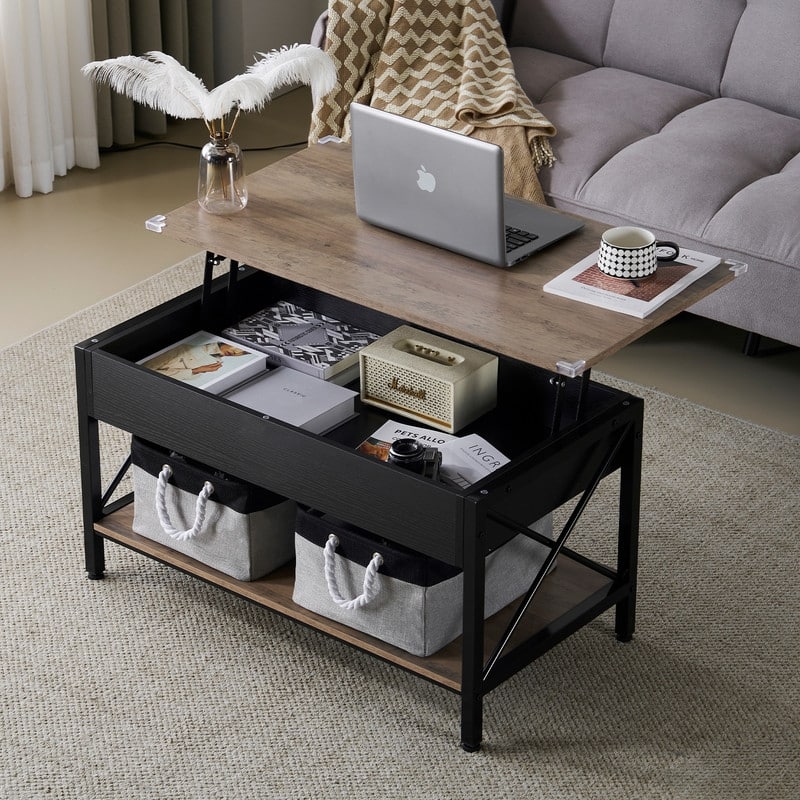 VINGLI Adjustable with Crossbar, Black Side X-shaped Metal Frame, Rectangular, Gray Washboard Coffee Table