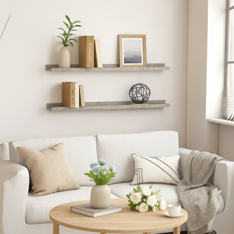 Yuli Wall Shelf Set of 2, Concrete Gray, Raised Ledge Design 32 Inch