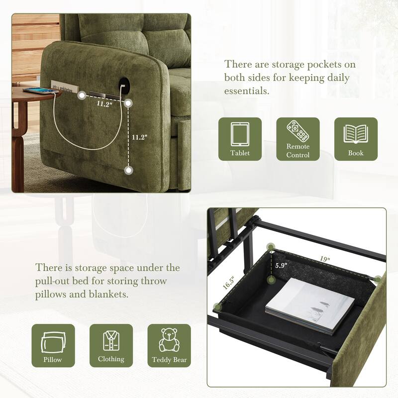 Roomfitters 3-in-1 Sleeper Chair Bed, 80'' Pull Out Lounge with USB Charging, Storage Pockets, Chenille