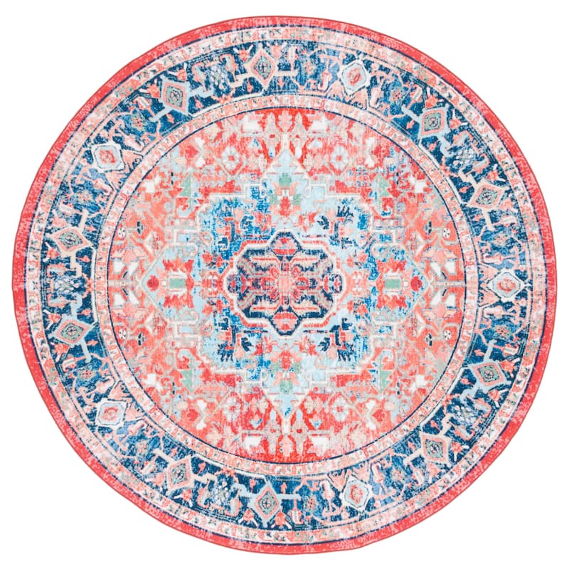 SAFAVIEH Riviera Machine Washable Slip Resistant Verona Oriental Rug - 6'7" Round - Navy/Red