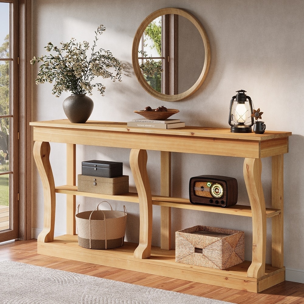Solid Wood Entryway Console Table, 63'' 3-Tier Sofa Table Behind the Couch