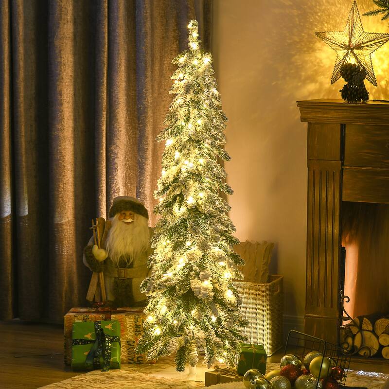4/6/7FT Prelit Pencil Artificial Christmas Tree with Snow Flocked Branches & 100 Warm White or Colorful LED Lights