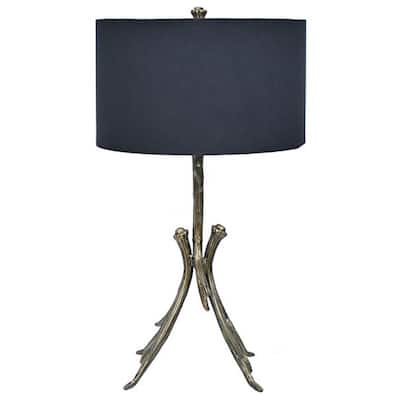 31 Inch Modern Table Lamp, Black Drum Shade, Unique Gilt Base Bronze Metal