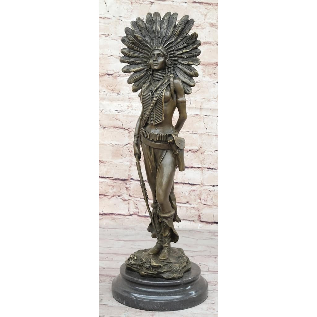 Female Native American Indian Warrior In Feathered Headdress Bronze Statue Sculpture Figure