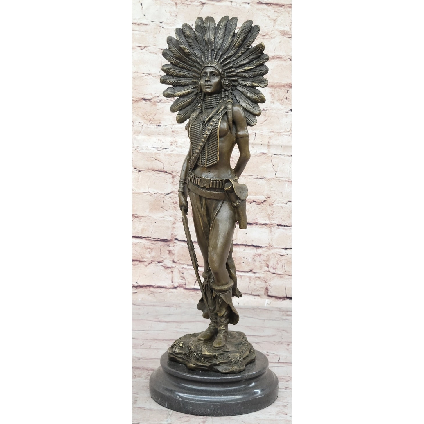Female Native American Indian Warrior In Feathered Headdress Bronze Statue Sculpture Figure