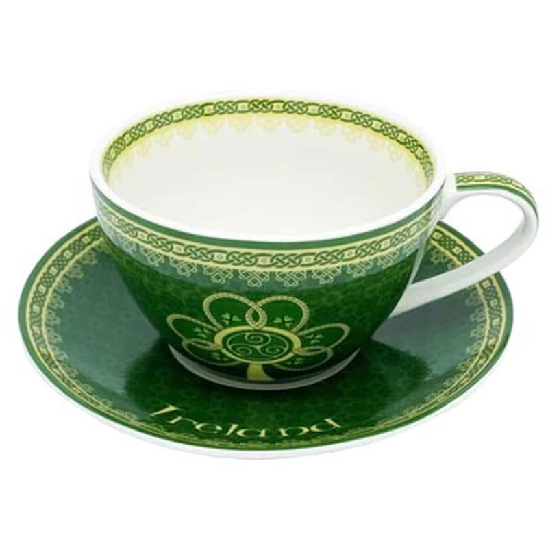 10.2oz Green Bone China Cup and Saucer Set Irish Tea Mug with Shamrock Celtic Design - 6.37” x 2.95”