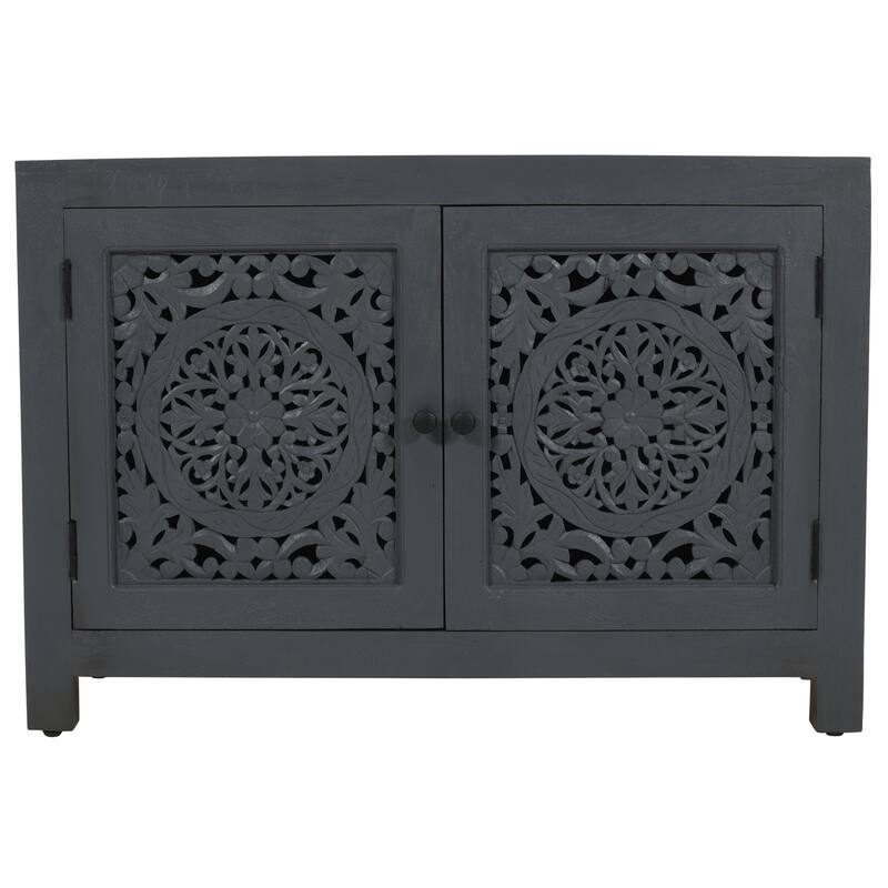 HomeRoots 30" Gray Distressed Solid Wood Textured Door Accent Cabinet With Two Doors