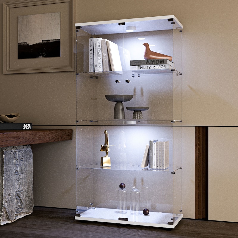 Tempered Glass Display Cabinet w/Multi-Color LED Lights, Door Lock & Adjustable Floor Feet for Flexible Placement