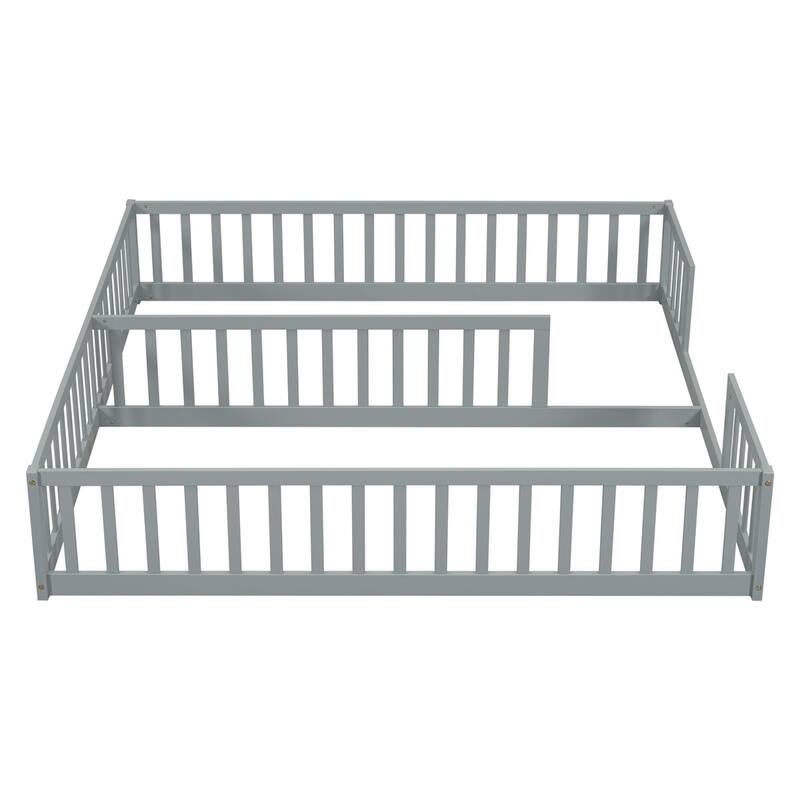 Double Twin Floor Bed with Fence, Guardrails,Without Door