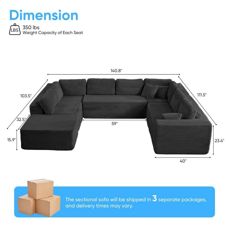 Corduroy 141'' Deep Seat Modular Sectional Sofa, Modern 8-Seater U-Shape Sofa Couch with Moveable Ottoman