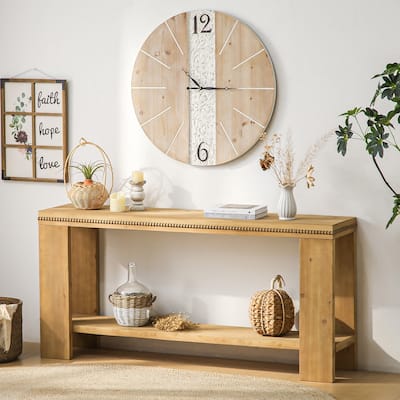 63" Boho Console Table with Storage Shelf - Rustic Farmhouse Sofa Table with Beaded Trim, 2-Tier Narrow Entryway Table