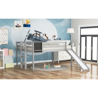 Gray Full Pine Loft Bed with Slide, Chalkboard & Stairs - Creative Design