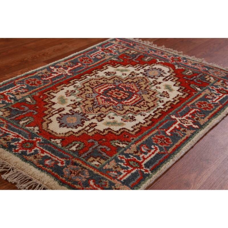 Hand Knotted Oriental 100% Wool Carpet Traditional Medallion Beige & Ivories Heriz (serapi) Area Rug - 3' 0'' X 2' 0''