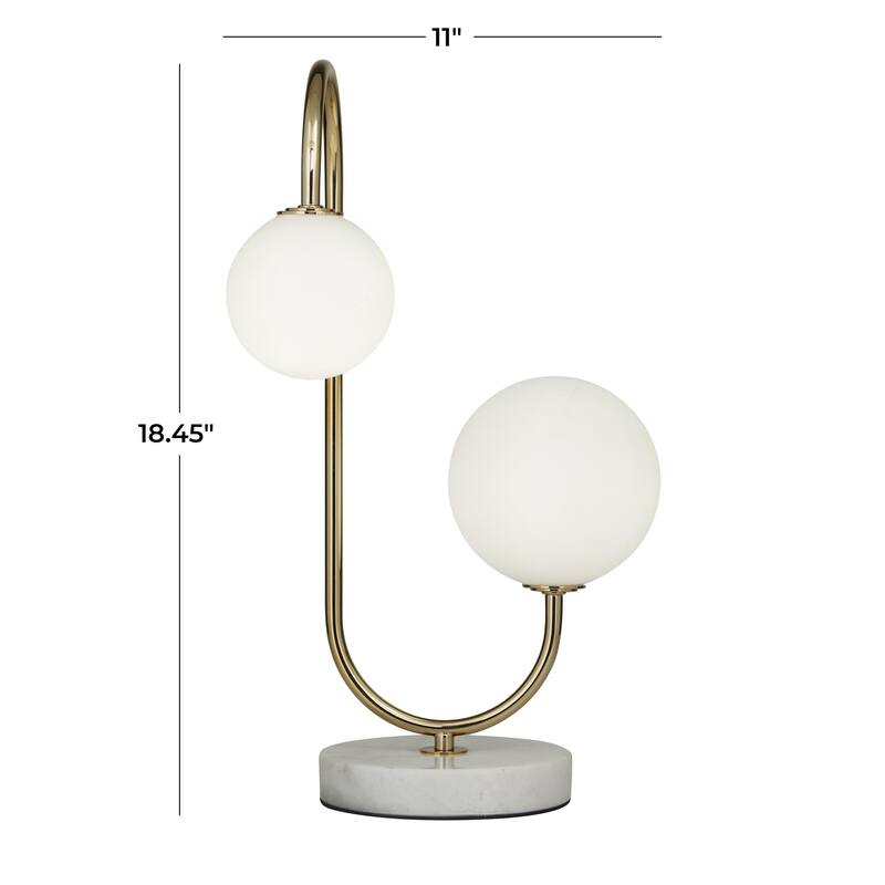 Metal Curved Orb 2 Light Room Table Lamp with White Glass Shades and Marble Base - Gold - Roche River Decor