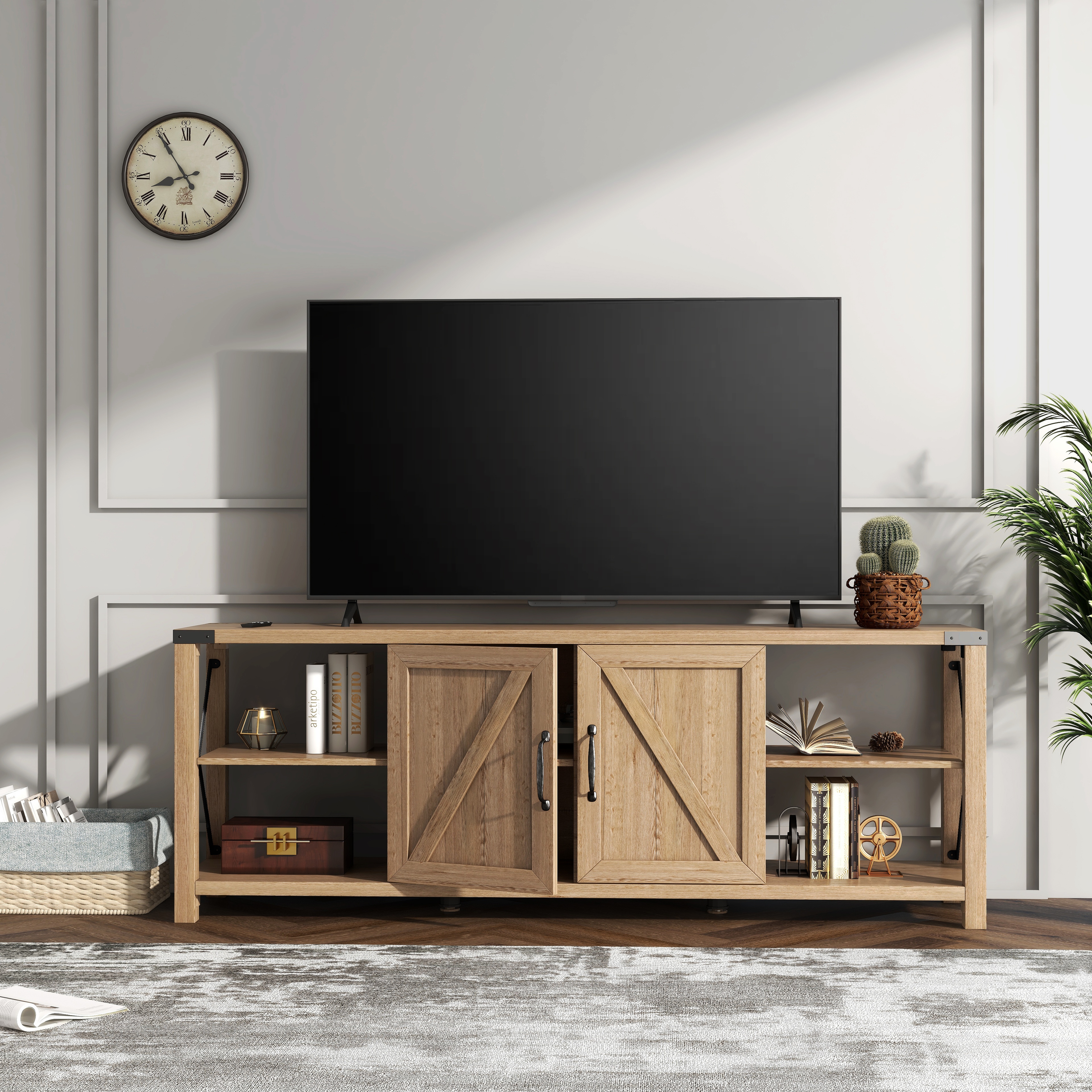 Manor park modern farmhouse sliding barn door store tv stand for tv's up to 64