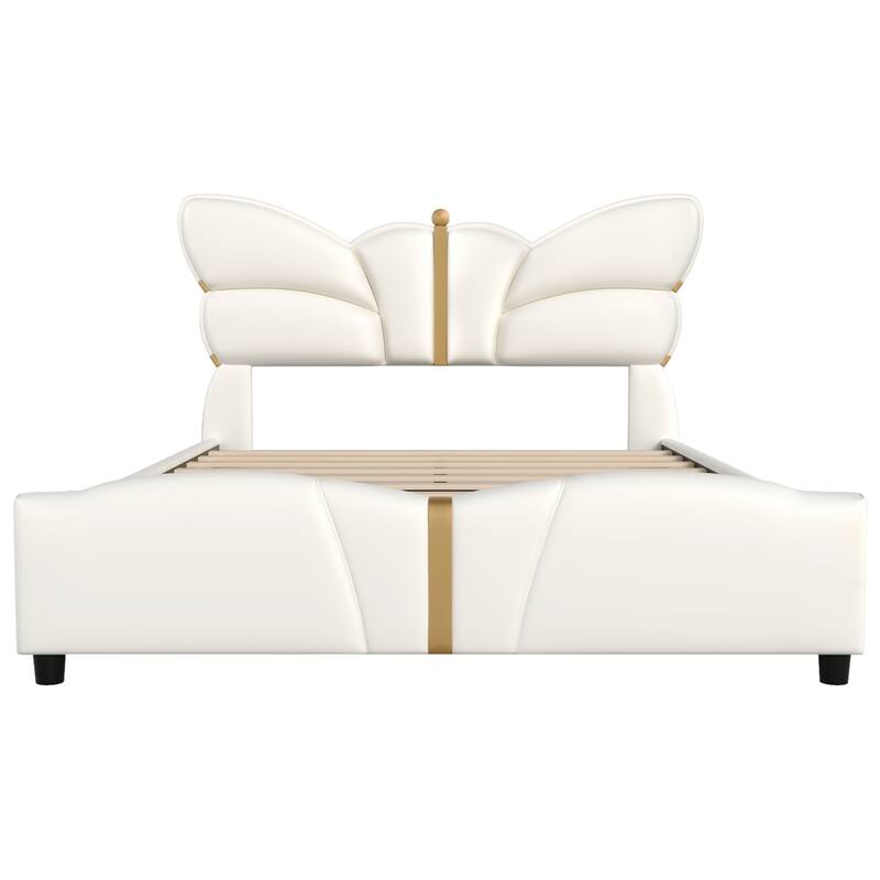 Queen Size Upholstered PU Leather Bed Frame with Butterfly Headboard, Gold Metal Decorations, No Box Spring Needed