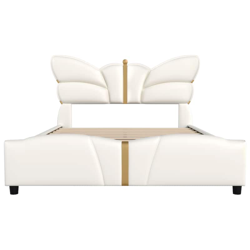 Roomfitters Queen Size Upholstered Platform Bed Frame with Butterfly Headboard, Faux Leather, Gold Accent Trim
