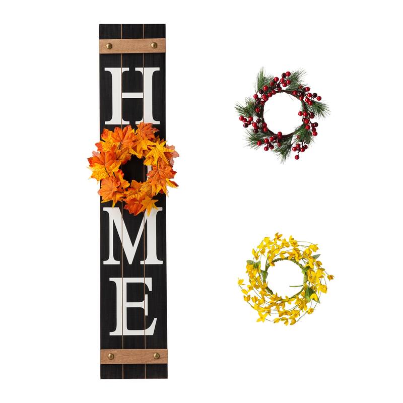 Glitzhome 42"H Wooden "HOME" Porch Sign with 3 Changable Floral Wreaths - Black