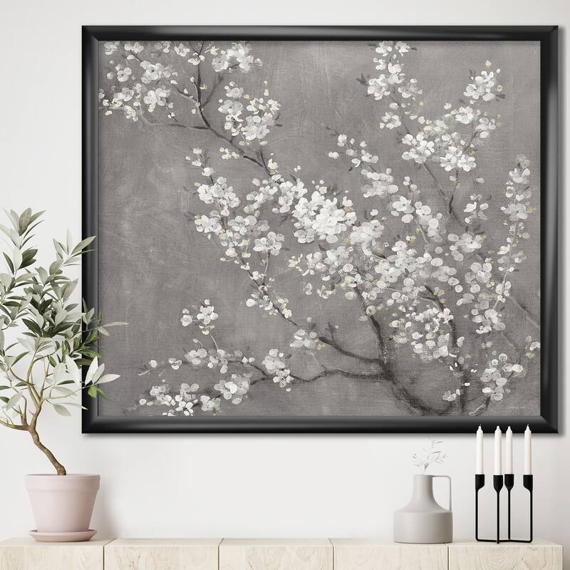 Designart "White Cherry Blossoms II" Traditional Framed Art Print - 16 in. wide x 16 in. high - Black