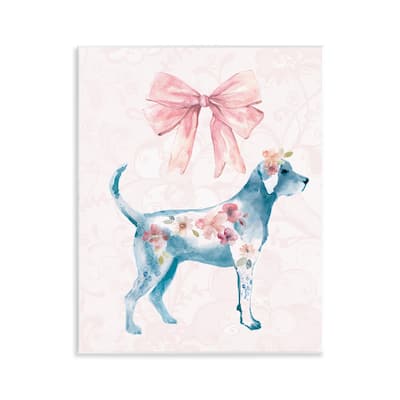Stupell Floral Dog with Pink Ribbon Wall Plaque Art Design By Carol Robinson