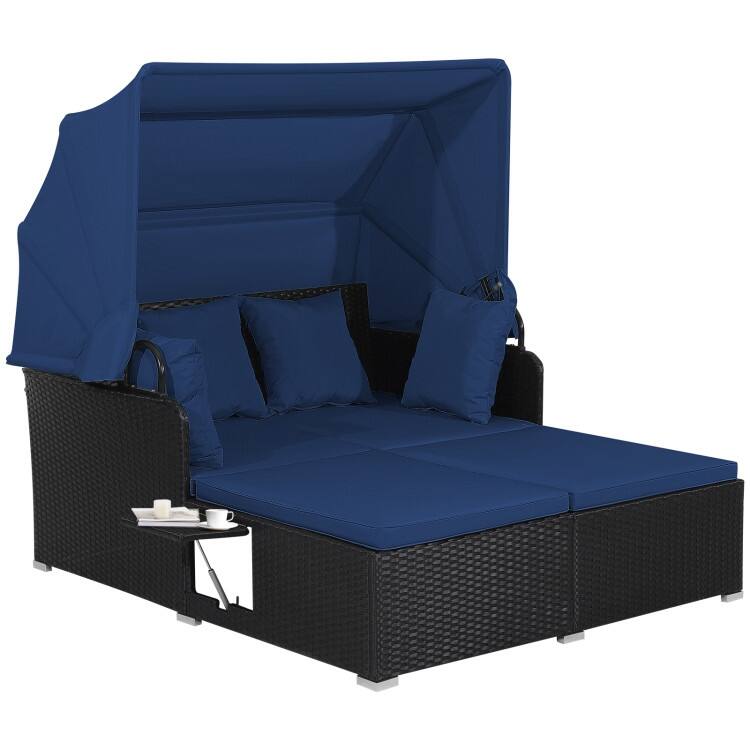 Outdoor Patio Daybed with Canopy and Foldable Side Trays - 65" x 60.5 x 58.5" - Navy