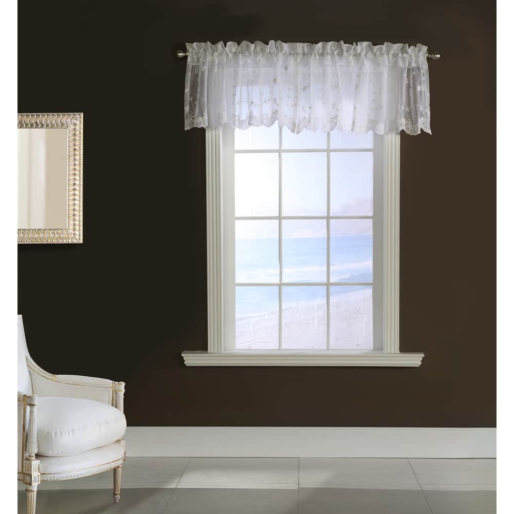 Grandeur Embroidered Sheer Curtain Valance and Tiers with Scallop Detail