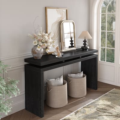 60'' Black Farmhouse Console Table - Retro Wooden Entryway Table with Double Board Suspension Design, Solid Wood & MDF