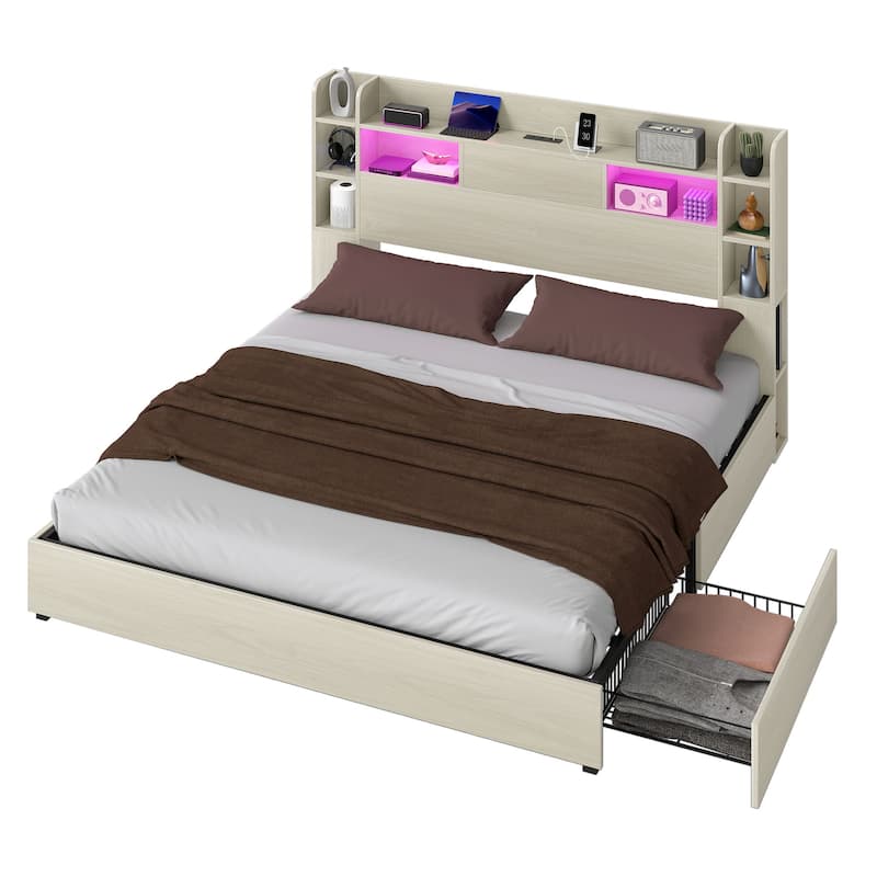 Queen/King Size LED Bed Frame with Bookcase Headboard, 4 Storage Drawers and Charging Station